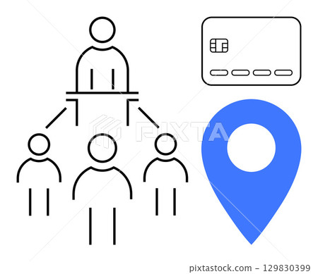 Hierarchical team structure connecting four figures, blue location pin, and credit card. Ideal for business, finance, team management, leadership, location services banking navigation. Line 129830399