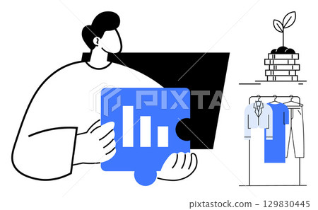 Business professional holding bar graph puzzle piece, plant growing on stacked books, hanging clothes. Ideal for business growth, data analysis, sustainability, education, fashion, planning Business professional holding bar graph puzzle piece, plant growing on stacked books, hanging clothes. Ideal for business growth, data analysis, sustainability, education, fashion, planning 129830445