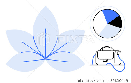 Pie chart, briefcase, and flower motif symbolize business growth and creativity. Ideal for business strategy, data analysis, creative process, professional development, workplace innovation Pie chart, briefcase, and flower motif symbolize business growth and creativity. Ideal for business strategy, data analysis, creative process, professional development, workplace innovation 129830449