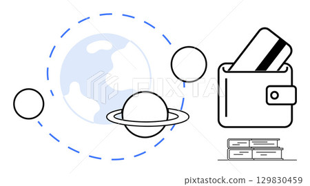 Planet Earth with surrounding planets signifies exploration. Wallet with credit card represents finance. Books denote knowledge. Ideal for education, finance, technology, space, exploration, global 129830459