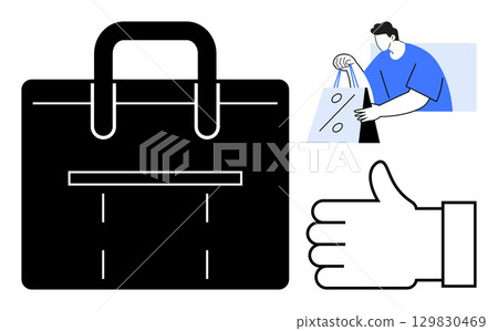 Large shopping bag, person receiving items, and thumbs up gesture. Ideal for e-commerce, retail, customer satisfaction, delivery services, online purchasing, marketing and consumer behavior themes 129830469