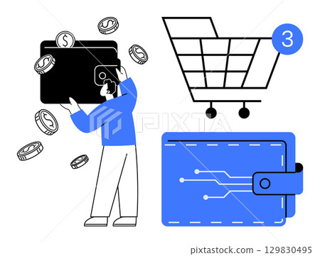 Man interacting with digital wallet, coins flying around, shopping cart with 3 items notification, and blue electronic wallet with circuit lines. Ideal for e-commerce, digital payments, online Man interacting with digital wallet, coins flying around, shopping cart with 3 items notification, and blue electronic wallet with circuit lines. Ideal for e-commerce, digital payments, online 129830495
