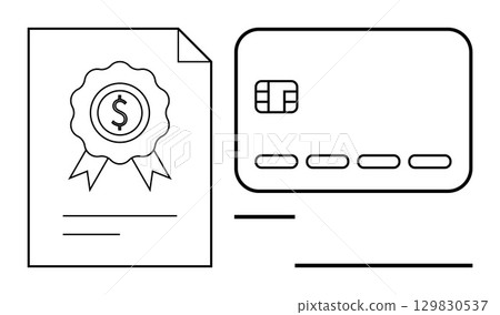 Certificate with medal displaying dollar sign beside a outlined credit card with chip. Ideal for finance, banking, certifications, academic achievements, credit rewards, client testimonials Certificate with medal displaying dollar sign beside a outlined credit card with chip. Ideal for finance, banking, certifications, academic achievements, credit rewards, client testimonials 129830537