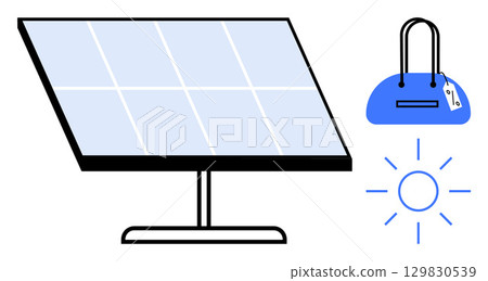 Solar panel collecting sunlight next to a handbag indicating sustainable retail. Ideal for green energy, eco-friendly products, sustainability, renewable power, solar tech, retail eco-concepts Solar panel collecting sunlight next to a handbag indicating sustainable retail. Ideal for green energy, eco-friendly products, sustainability, renewable power, solar tech, retail eco-concepts 129830539
