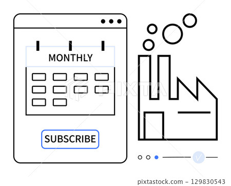 Monthly calendar page with Subscribe button next to factory outline emitting bubbles. Ideal for subscription services, manufacturing schedules, industrial planning, monthly reminders, online Monthly calendar page with Subscribe button next to factory outline emitting bubbles. Ideal for subscription services, manufacturing schedules, industrial planning, monthly reminders, online 129830543