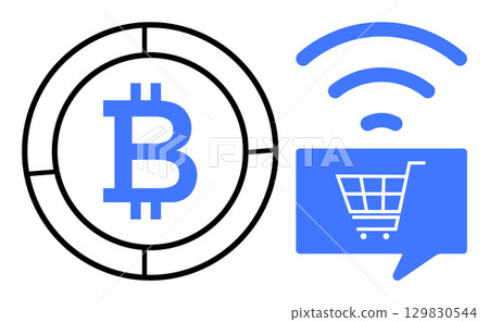 Bitcoin symbol and a shopping cart icon with wireless signals. Ideal for cryptocurrency, e-commerce, online transactions, digital currency, mobile payments, financial technology, blockchain. Line 129830544