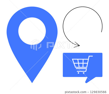 Location pin, refresh icon, and shopping cart in speech bubble. Ideal for e-commerce, online shopping, navigation, shipping, delivery services, updates, and customer support. Line metaphor Location pin, refresh icon, and shopping cart in speech bubble. Ideal for e-commerce, online shopping, navigation, shipping, delivery services, updates, and customer support. Line metaphor 129830566
