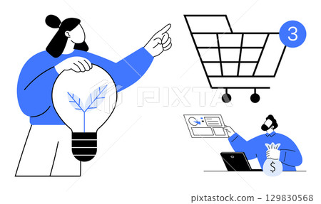 Man holding lightbulb points towards shopping cart with three items. Another man highlights data on screen beside money bag at a laptop. Ideal for business, marketing, e-commerce, innovation Man holding lightbulb points towards shopping cart with three items. Another man highlights data on screen beside money bag at a laptop. Ideal for business, marketing, e-commerce, innovation 129830568