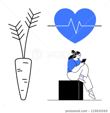 Woman reading on tablet sitting next to large carrot and blue heartbeat symbol. Ideal for health, wellness, self-care, digital health, nutrition, education, lifestyle themes. Line metaphor 129830569