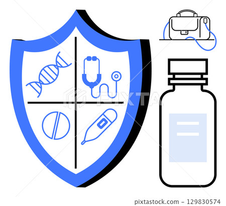 Shield containing DNA helix, stethoscope, pill, and thermometer symbols. First aid kit and vaccine bottle nearby. Ideal for healthcare, medical research, immunization, pharmaceuticals, emergency 129830574