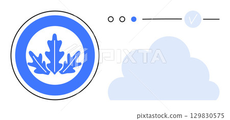 Oak leaf emblem inside a circular badge, stylized cloud icon, and circular interface elements. Ideal for environmental apps, weather forecasting, eco-friendly branding, nature-themed presentations 129830575