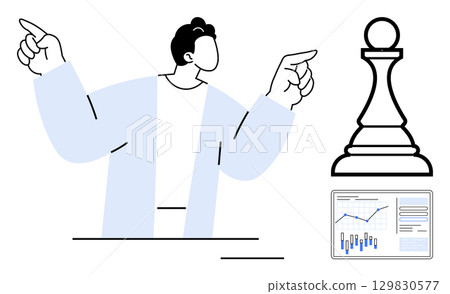 Confident person pointing while analyzing a chart and a chess pawn symbolizing strategy and decision-making. Ideal for business, leadership, planning, strategy, decision-making, analysis, growth Confident person pointing while analyzing a chart and a chess pawn symbolizing strategy and decision-making. Ideal for business, leadership, planning, strategy, decision-making, analysis, growth 129830577