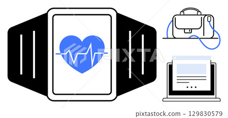 Smartwatch with heart rate symbol, briefcase, and laptop. Ideal for health tech, remote work, productivity, fitness, wellness, modern lifestyle, professional life. Line metaphor Smartwatch with heart rate symbol, briefcase, and laptop. Ideal for health tech, remote work, productivity, fitness, wellness, modern lifestyle, professional life. Line metaphor 129830579