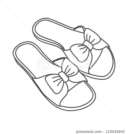 Pair of stylish home slippers with a decorative bow. Hand drawn illustration of slippers. Relaxing footwear illustration. Pair of stylish home slippers with a decorative bow. Hand drawn illustration of slippers. Relaxing footwear illustration. 129830842