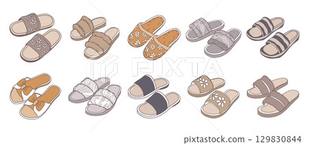 Set of house slippers on a white background. Cozy home slippers. Illustration. 129830844