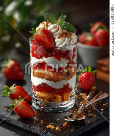 Delightful layered dessert parfait with strawberries and mint in a glass 129830990