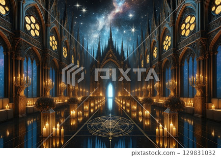 Gothic Cathedral and Starry Sky 129831032