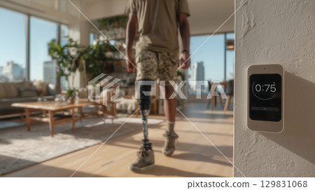 Person with prosthetic leg walks confidently in a modern urban space 129831068