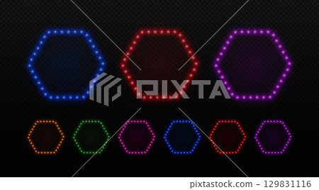 Hexagon light neon bulbs frame. Border with led glow of lamps for advertising cinema, show and casino. Vector set of retro elements in blue, purple and green. Hexagon light neon bulbs frame. Border with led glow of lamps for advertising cinema, show and casino. Vector set of retro elements in blue, purple and green. 129831116