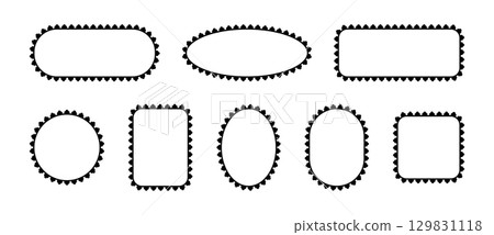 Frame with lace edge. Border with scallop pattern. Set of black vector classic ornaments isolated on white background. 129831118