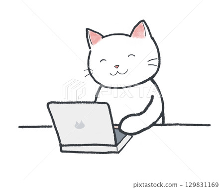 White cat relaxing while teleworking on a laptop 129831169