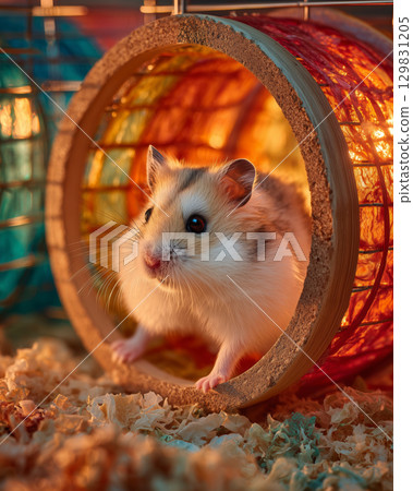 Hamster joyfully running on a wooden wheel inside a cozy habitat 129831205