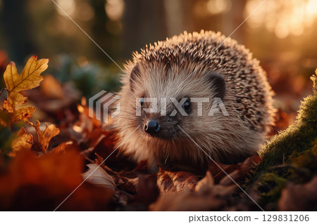 Hedgehog exploring colorful fallen leaves in autumn forest light 129831206