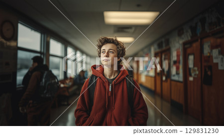 Teenage boy reflects quietly in a bustling school hallway during midday 129831230