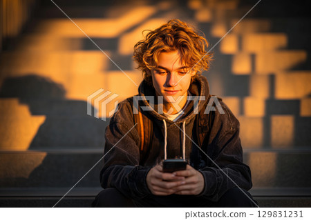 Teenage boy sits on school steps absorbed in his phone during golden hour 129831231