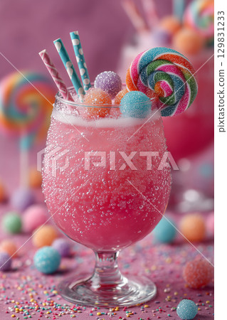 Refreshing pink summer drink garnished with sweet treats in a cheerful setting 129831233