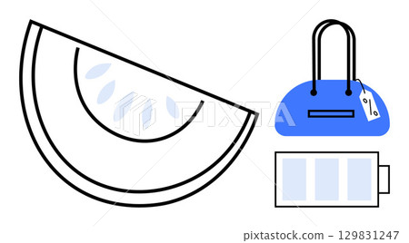 Sliced fruit segment next to a blue handbag with a price tag and a battery level indicator with three bars. Ideal for retail, battery life, shopping, food, fashion, commerce, consumer electronics 129831247