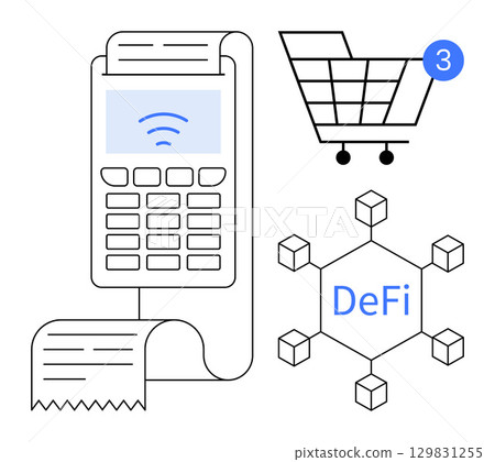 Digital payment terminal with receipt, shopping cart with notification, decentralized finance blockchain network. Ideal for retail, financial transactions, cryptocurrency, e-commerce, fintech 129831255