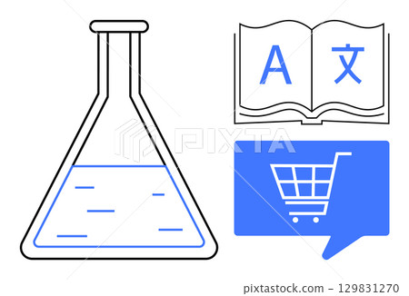 Laboratory flask containing liquid, open book with alphabet characters, blue chat bubble with shopping cart. Ideal for education, e-commerce, science, research, multilingual communication, online Laboratory flask containing liquid, open book with alphabet characters, blue chat bubble with shopping cart. Ideal for education, e-commerce, science, research, multilingual communication, online 129831270
