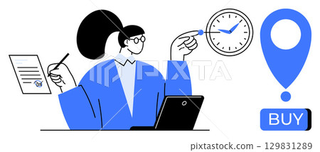 Professional considering purchase decision, featuring a laptop, document, clock, and prominent buy button. Ideal for business, e-commerce, decision-making, productivity, time management, online Professional considering purchase decision, featuring a laptop, document, clock, and prominent buy button. Ideal for business, e-commerce, decision-making, productivity, time management, online 129831289