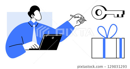 Man working on laptop while holding pen. Key and gift box in view. Ideal for business, success, rewards, achievements, opportunities, innovation digital. Line metaphor 129831293