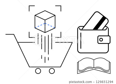 Shopping cart with 3D object, wallet holding credit card, open book. Ideal for e-commerce, online purchasing, 3D modeling, finance, education digital stores technology. Line metaphor 129831294