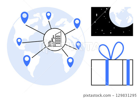 Business locations marked on a world map with blue pins, moon observed from space, and a gift-wrapped present. Ideal for global business, astronomy, celebrations, delivery, connectivity, events 129831295