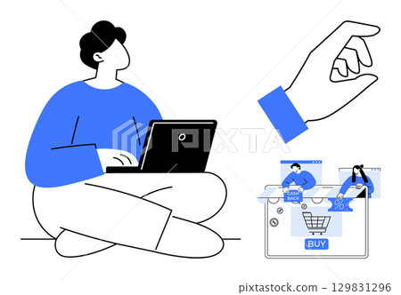 Person using a laptop while a hand gesture selects products with BUY button and various online shopping icons. Ideal for e-commerce, online shopping, digital marketing, consumer behavior, user 129831296