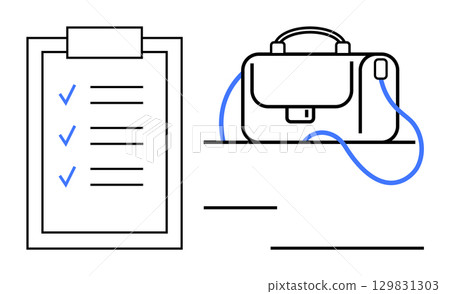 Clipboard with checklist alongside a briefcase. Ideal for business, productivity, planning, organization, office work, task management, and efficiency themes. Line metaphor 129831303