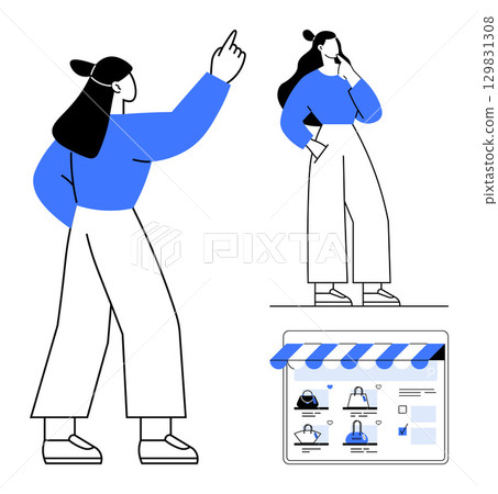 Two characters thoughtfully interacting with fashion products on a digital store page. Ideal for e-commerce, online shopping, digital marketing, fashion retail, customer experience, user interface Two characters thoughtfully interacting with fashion products on a digital store page. Ideal for e-commerce, online shopping, digital marketing, fashion retail, customer experience, user interface 129831308