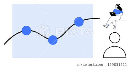 Trend line with data points, person working on a laptop, user profile icon. Ideal for business analytics, data visualization, tech presentations, user interfaces, online education, remote work Trend line with data points, person working on a laptop, user profile icon. Ideal for business analytics, data visualization, tech presentations, user interfaces, online education, remote work 129831311