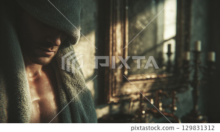 Emotional reflection in a softly lit room with vintage decor 129831312