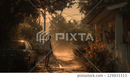 Sunset reflections as a young woman cleans her garden path 129831313