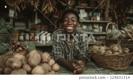 Joyful boy behind a rustic market stall filled with fresh produce 129831314