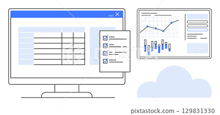 Computer screen showing a spreadsheet, checklist, and floating dashboard with charts and graphs. Ideal for data analysis, project management, statistics, business strategy, digital marketing, tech 129831330