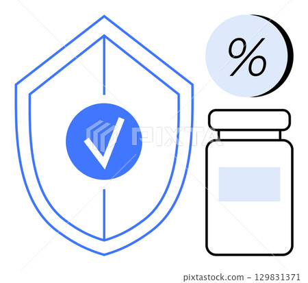 Shield with a check mark, symbolizing protection, next to a medicine bottle and a percentage symbol. Ideal for healthcare, security, medical insurance, pharmacy, data protection, quality assurance 129831371
