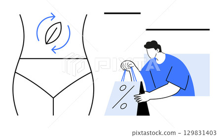 Person holding a shopping bag with a discount sign and torso side showing body shaping arrows. Ideal for retail, fashion, health, wellness, shopping, body care, fitness themes. Line metaphor 129831403