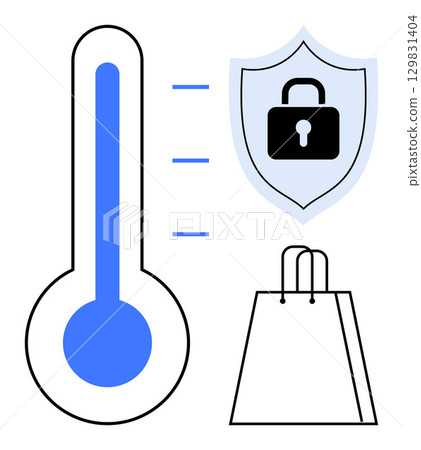 Thermometer indicating temperature, shield with lock for security, and shopping bag. Ideal for showcasing secure shopping, health safety, and retail management. Line metaphor Thermometer indicating temperature, shield with lock for security, and shopping bag. Ideal for showcasing secure shopping, health safety, and retail management. Line metaphor 129831404