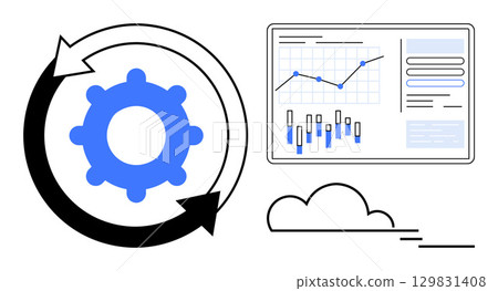 Gear with rotating arrows, data charts with graphs and bar diagrams, cloud. Ideal for data analysis, business growth, project management, efficiency, continuous improvement, cloud computing 129831408