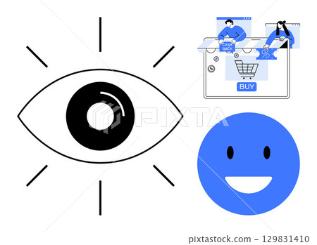 Eye symbol, smiling face, and e-commerce visuals with shopping cart and cashback. Ideal for online shopping, e-commerce, digital marketing, user satisfaction, web design, consumer behavior tech 129831410